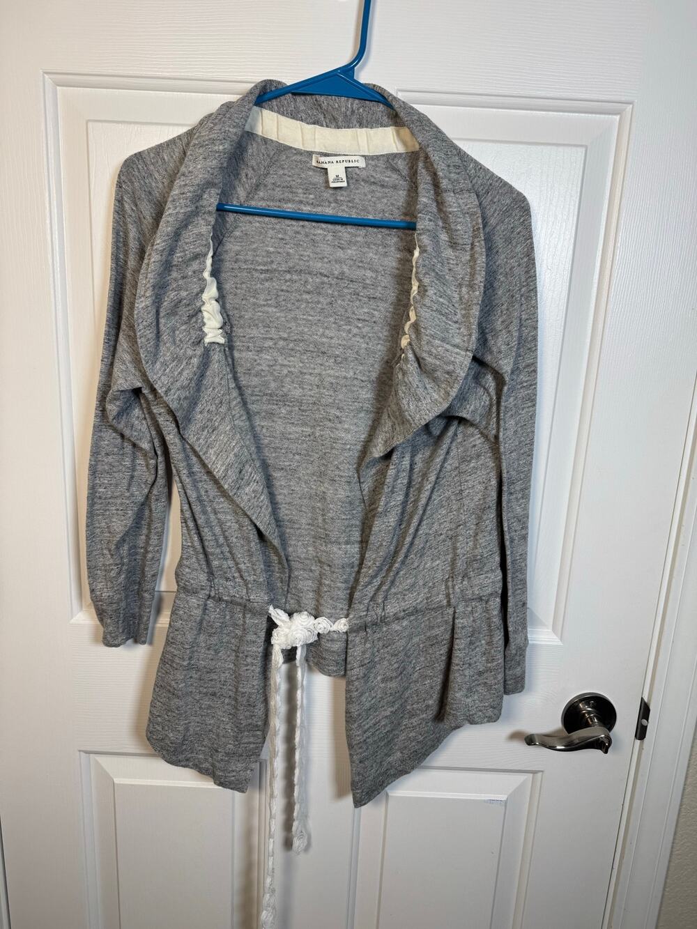Banana Republic Draped Ruffle Knit 100% Cotton Cardigan Lace Belt Heather Gray M